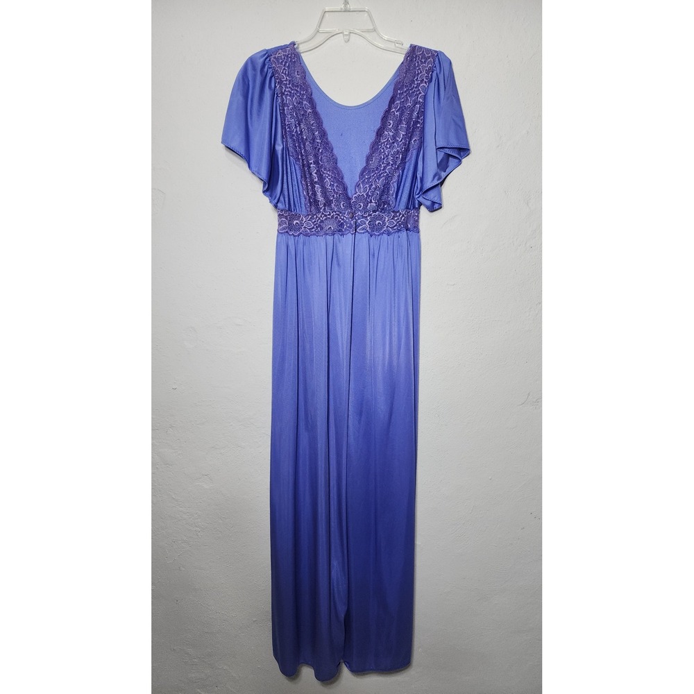 Vintage Lace Trim Nightgown Robe Periwinkle Blue Flutter Sleeve Maxi 70s Style